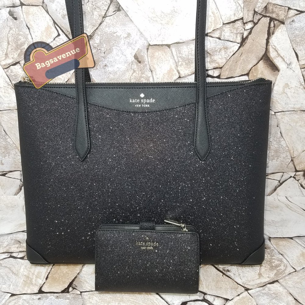 Set  Shimmy Glitter Top Zip Tote Shoulder Bag Black Compact Wallet Kate Spade